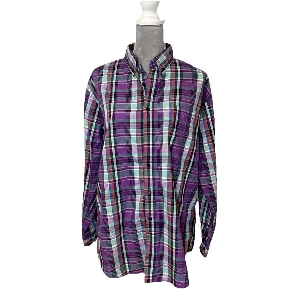 Vintage Women's Sasson 70s 80s‎ Plaid Blouse Top Button Down Purple Pink Sz LG